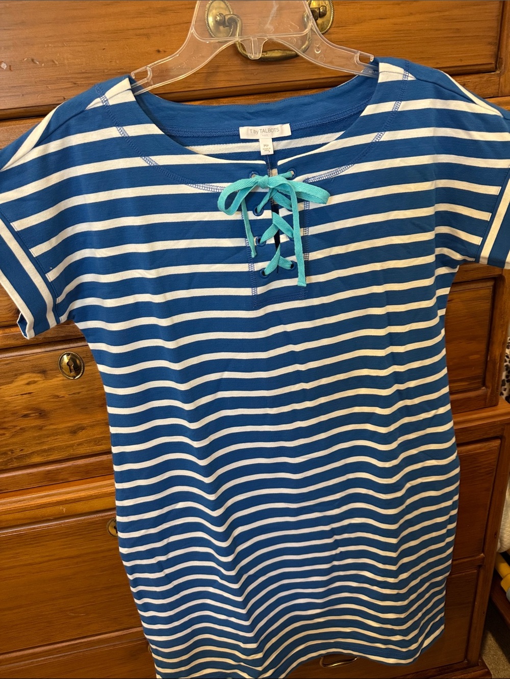 NWT Talbots Blue & White Striped Lace-Up Tee Dress with Aqua Tie